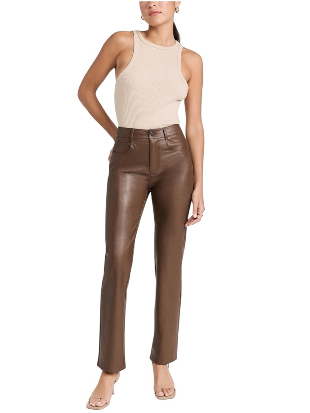 PAIGE NWT Women's Stella Straight Leg Pants Vegan Leather Dark Brown Sz 30